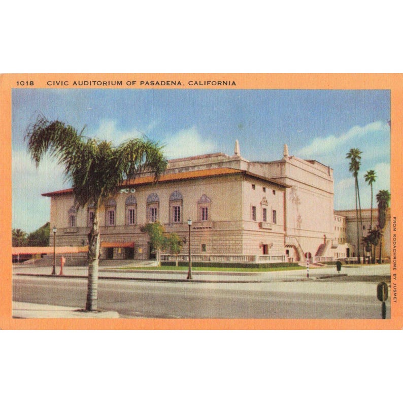 Postal antigua de lino del Auditorio Cívico de Pasadena, California, 1018 Kodachrome imagen 1