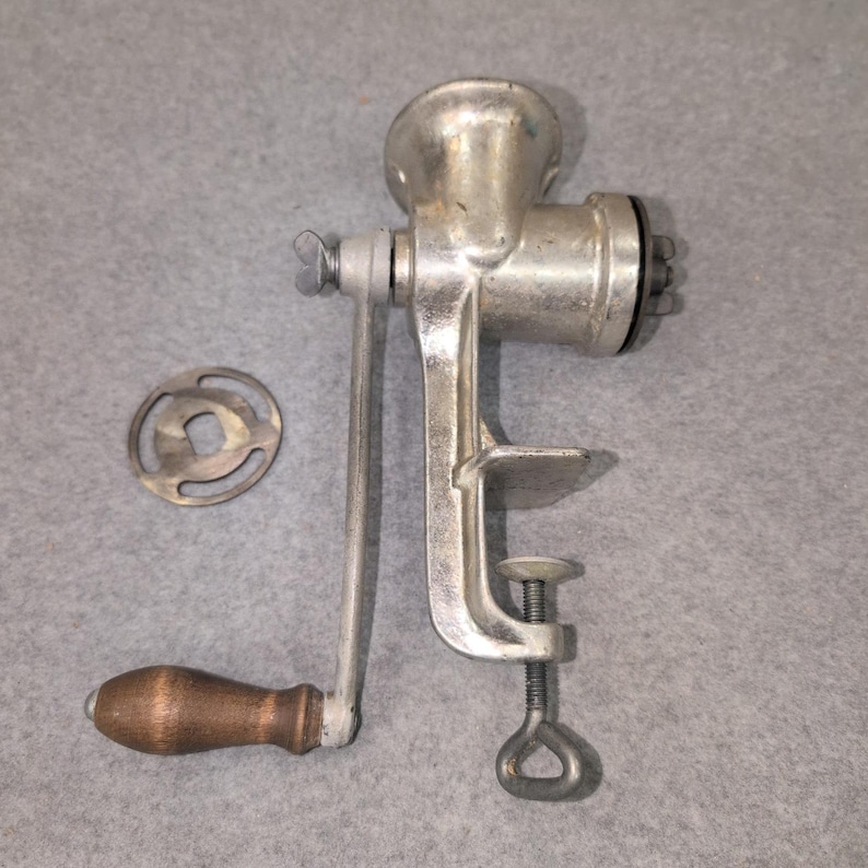 Handmatige vleesmolen Keystone nr. 2 Vintage zilver gegoten metalen handslinger klem op afbeelding 6