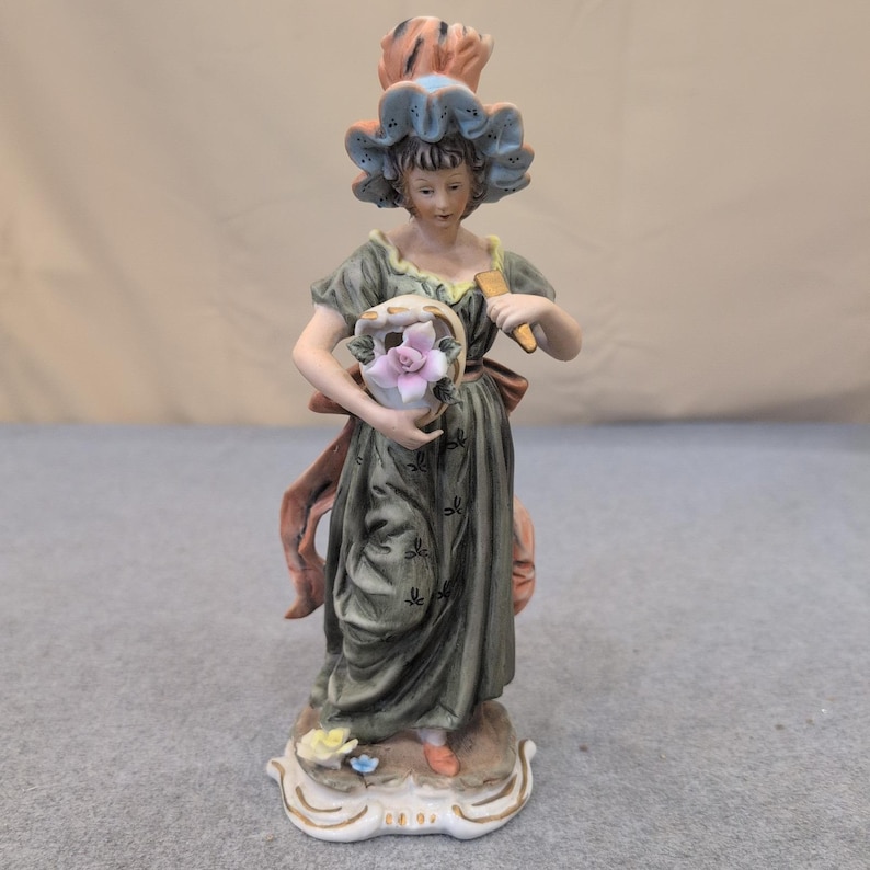Vintage Hand Painted Porcelain Lady Figurine Green Dress Pink Flower Basket image 1