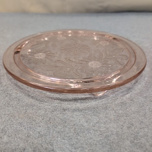 Jeannette Sunflower Pink Depression Glass 3 Footed Cake Plate Vintage 1930s image 1