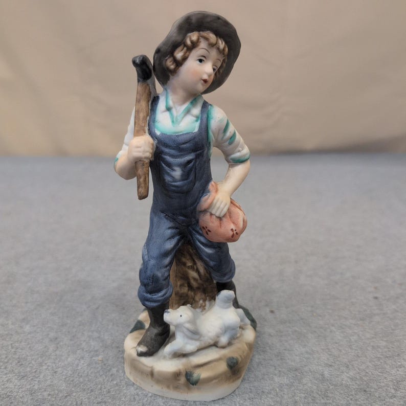 Vintage UCC Porcelain Farm Boy with Dog Figurine Blue Overalls Taiwan image 1