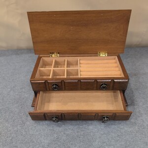 Vintage Wood Jewelry Box Organizer Two Drawer Ring Holder Ornate Pulls 10" Wide image 4