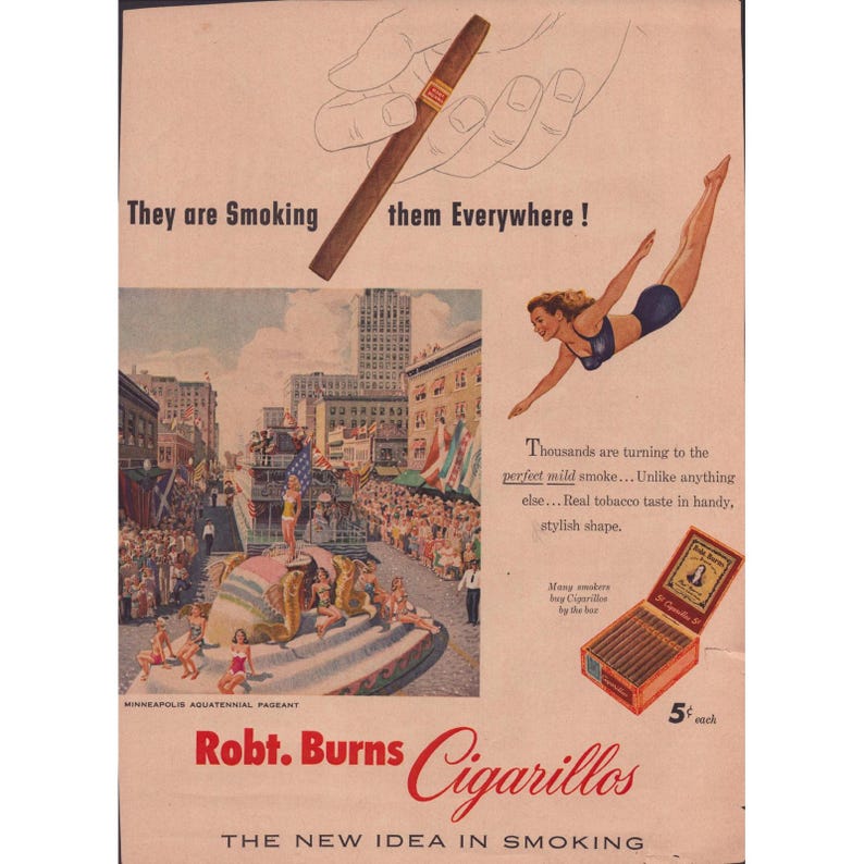 Vintage Robt. Burns Cigarillos Minneapolis Aquatennial Pageant Print Ad 12x9 image 1