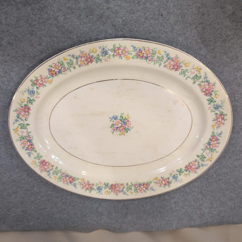 The Harker Pottery Co Vintage Floral Oval Serving Platter Gold Trim Made in USA image 1