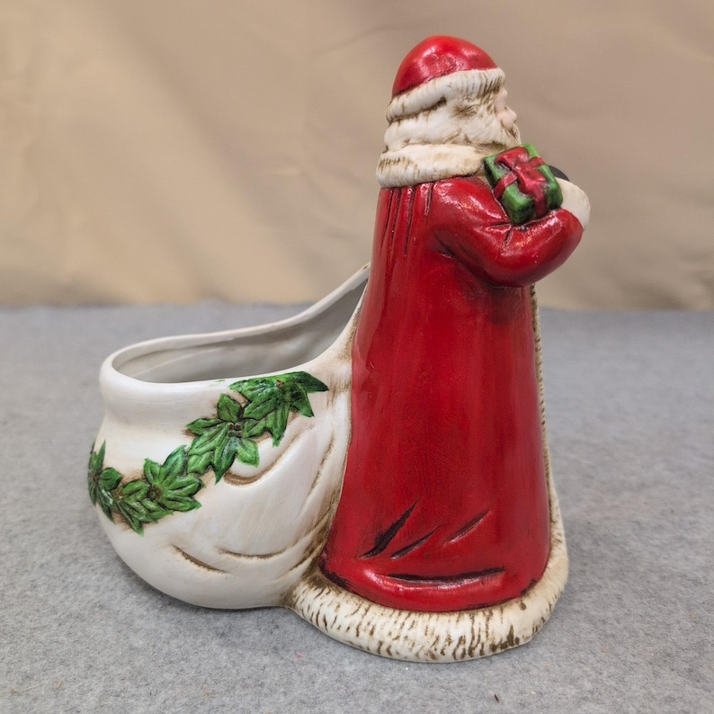 Claire Burke 1991 Ceramic Santa Claus Planter Candy Dish Red Green Holly image 2