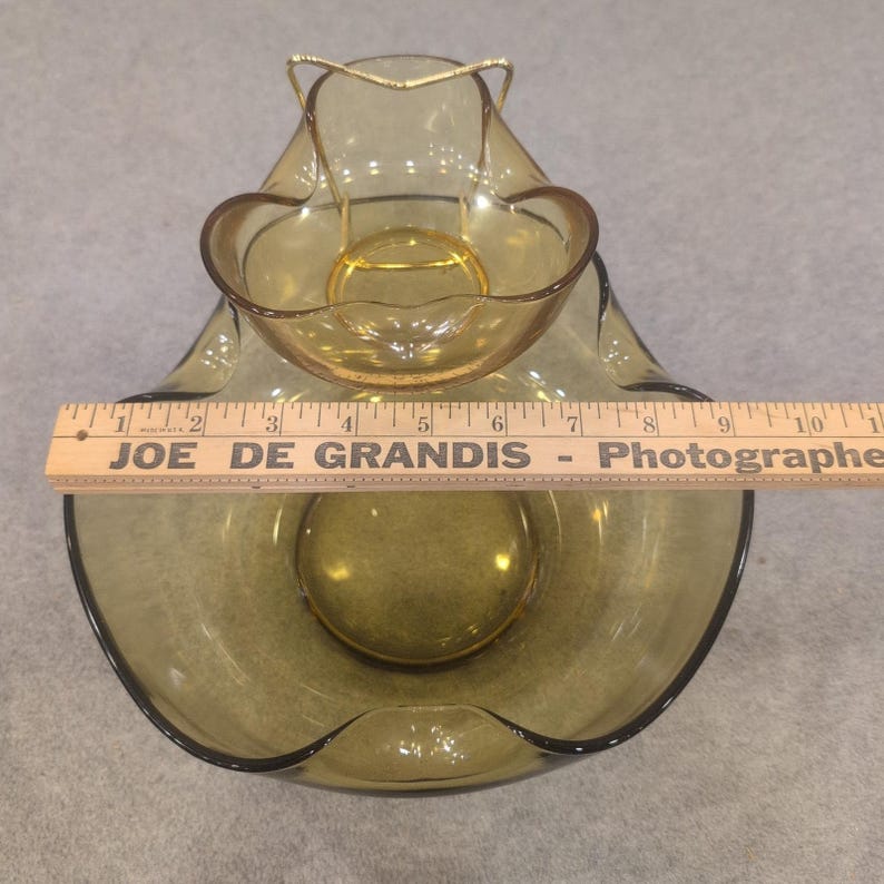 Vintage MCM Smoked Olive Green Glass Ruffled Chip and Dip Set with Metal Bracket image 4