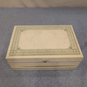 Vintage Cream Faux Leather Multi Tier Jewelry Box Red Velvet Lining Filigree image 2