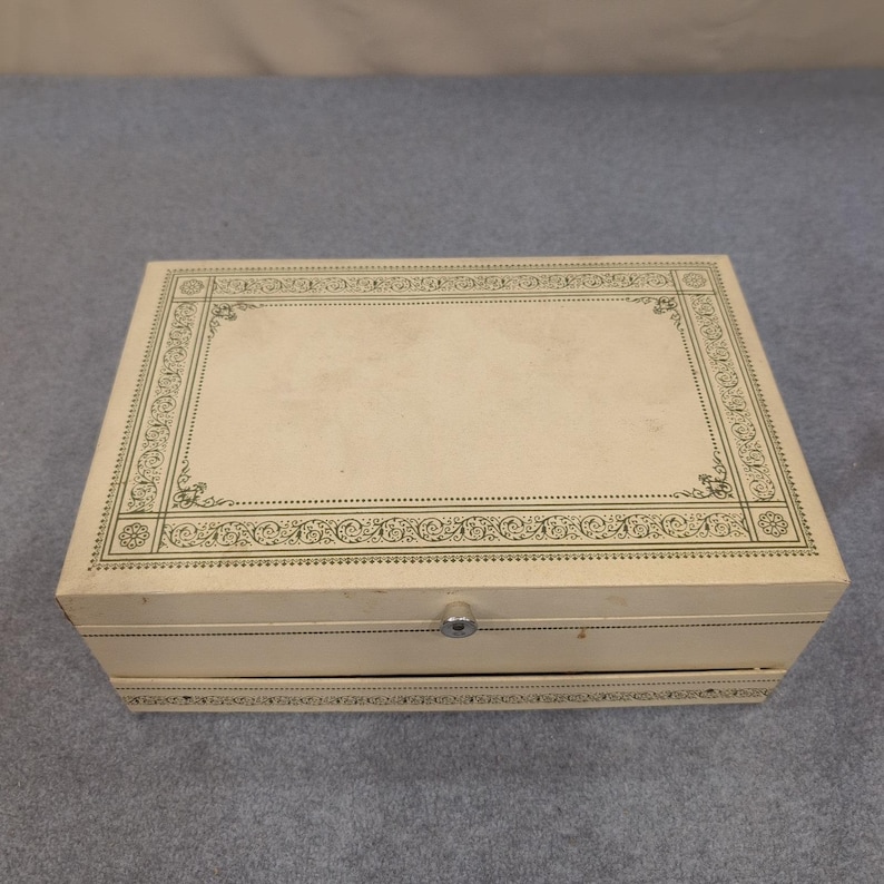 Vintage Cream Faux Leather Multi Tier Jewelry Box Red Velvet Lining Filigree image 2