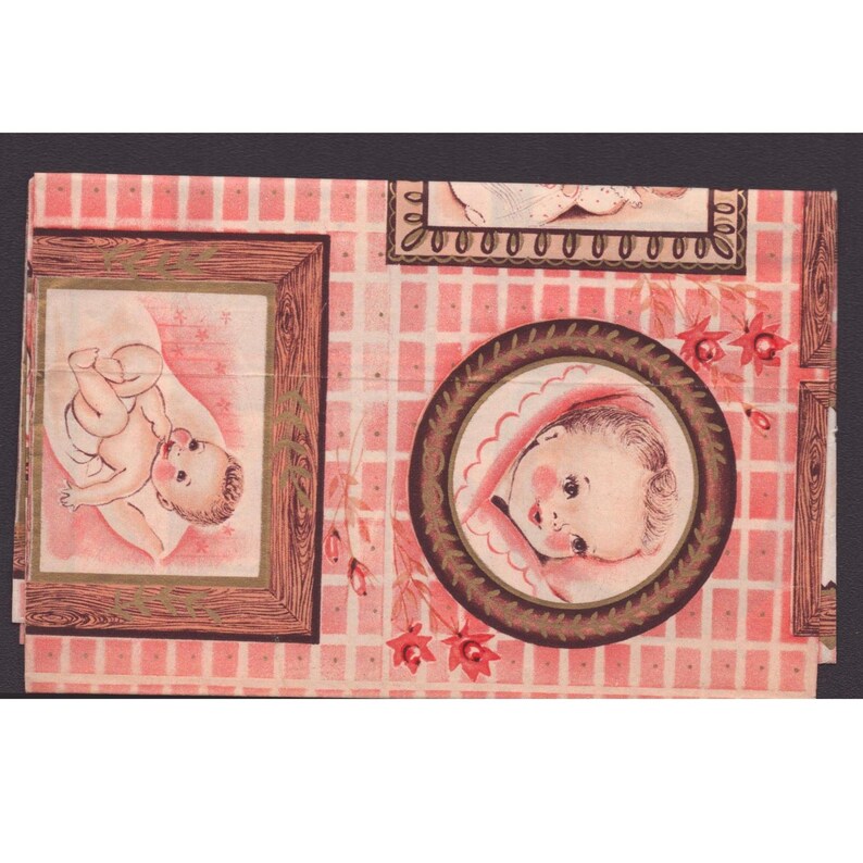 Papier cadeau vintage milieu du siècle pour bébé, éphémères roses et bleues, bébé endormi, état très bon. image 4