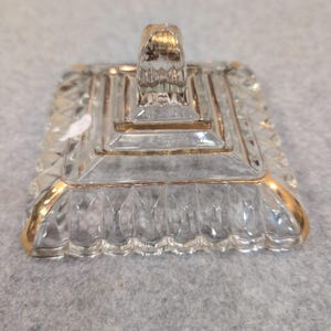 Vintage Clear Pressed Glass Square Pedestal Dish Gold Trim Thumbprint Pattern image 9