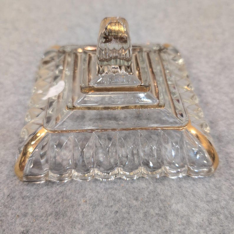 Vintage Clear Pressed Glass Square Pedestal Dish Gold Trim Thumbprint Pattern image 9