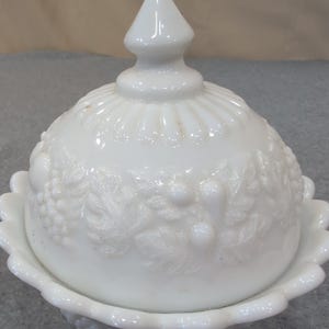 Vintage White Milk Glass Harvest Fruit Embossed Pedestal Candy Dish with Lid image 4