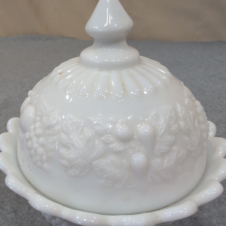 Vintage White Milk Glass Harvest Fruit Embossed Pedestal Candy Dish with Lid image 4