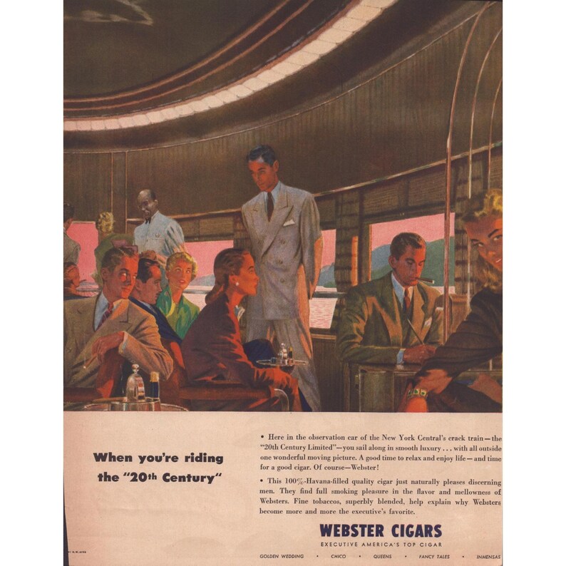 Vintage Webster Cigars 20th Century Limited Train Magazine Print Ad 12x9 VG+ image 1