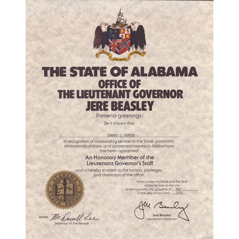 Certyfikat Honorowego Personelu Porucznika Gubernatora Alabamy Jere'a Beasleya z 1976 r. LT236 zdjęcie 1