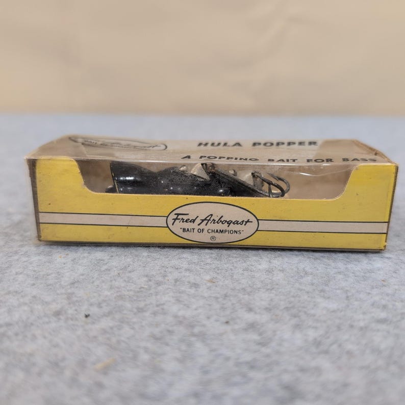 Vintage Fred Arbogast Hula Popper 5/8 oz Black Bass Fiskedrag med Ask bild 2