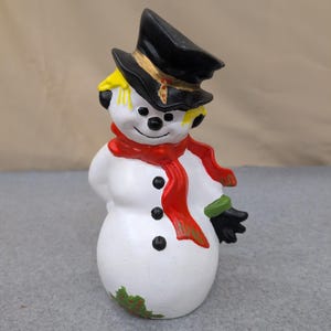 Vintage Hand Painted Ceramic Snowman Figurine with Top Hat and Red Scarf image 1