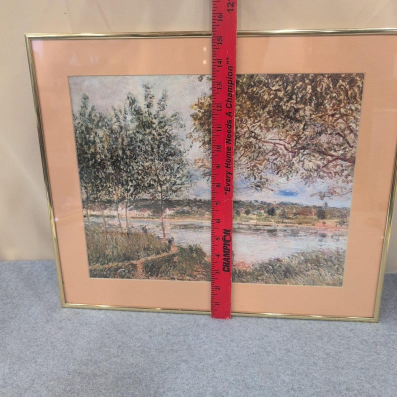 Impressionist River Landscape Framed Art Print Gold Tone Frame Peach Mat image 4