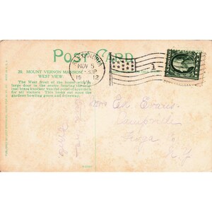 Postal antigua de 1912 de la mansión Mount Vernon con vista oeste, Alexandria, VA, Leet Brothers. imagen 2