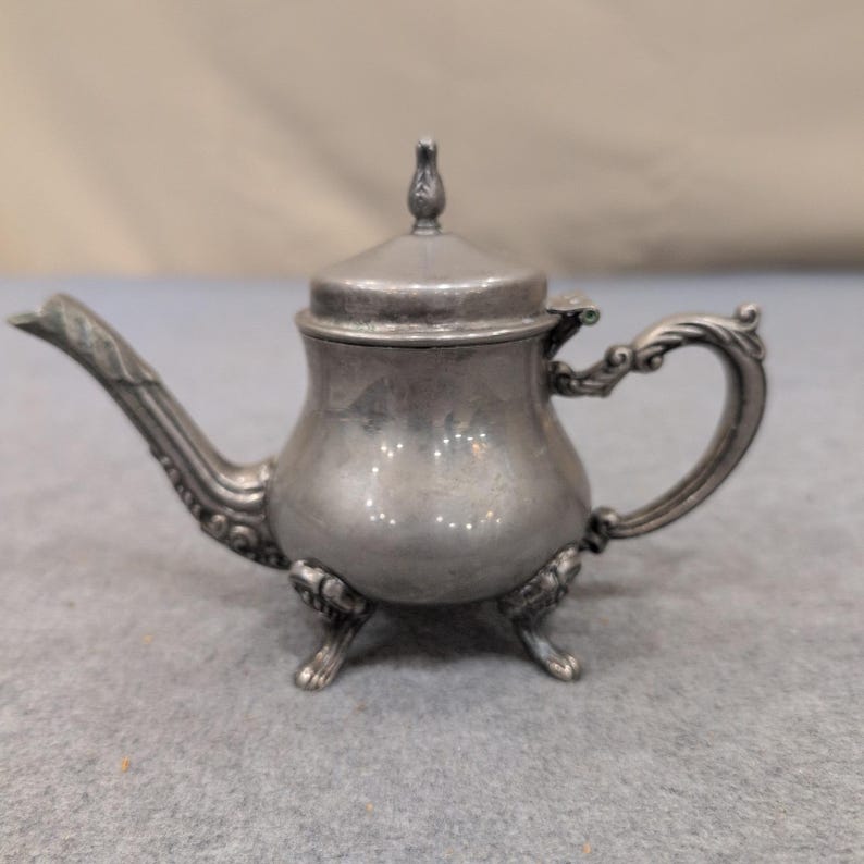 Vintage Miniature Silver Tone Footed Teapot Hinged Lid Ornate Collectible Decor image 1