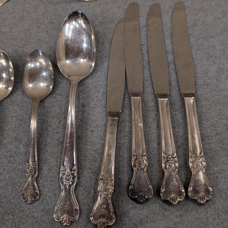 Old Company Plate Signature Rose Silverplate Flatware Set 13pc Monogrammed F image 6