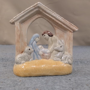 Ceramic Nativity Scene Figurine Holy Family Stable Candle Holder Glazed Blue Tan image 1