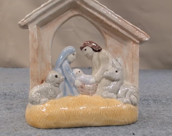 Ceramic Nativity Scene Figurine Holy Family Stable Candle Holder Glazed Blue Tan