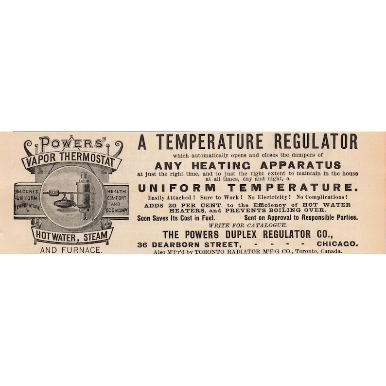 1891 Powers Vapor Thermostat Temperature Regulator Steam Furnace Print Ad image 1