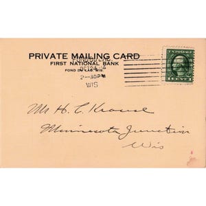 1914 Eerste Nationale Bank Fond du Lac Wisconsin Privépostkaart 1 cent postzegel afbeelding 1