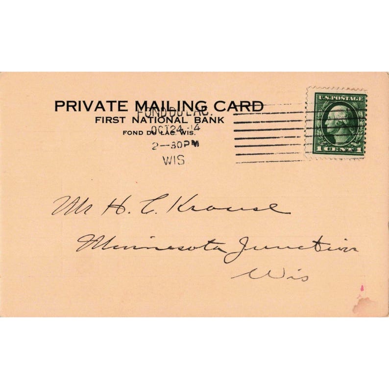 1914 Eerste Nationale Bank Fond du Lac Wisconsin Privépostkaart 1 cent postzegel afbeelding 1