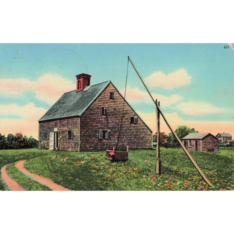 Vintage ansichtkaart van Jethro Coffin House, Nantucket, Massachusetts, Tichnor Gloss, 1686 Saltbox. afbeelding 1