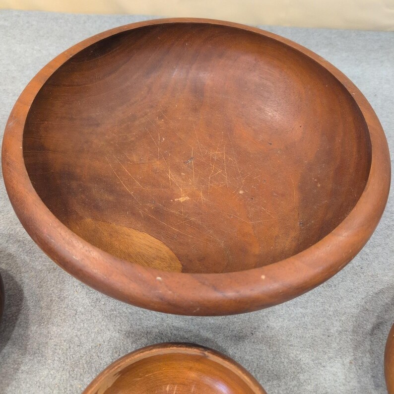 Vintage Mid Century Modern Solid Wood Salad Bowl Set 6 Piece Brown MCM image 3