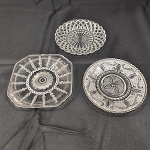 Vintage Clear Pressed Glass Plates Set of 3 Sunburst Diamond Point Floral image 1