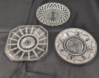 Vintage Clear Pressed Glass Plates Set of 3 Sunburst Diamond Point Floral