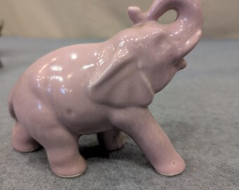 Vintage Pink Ceramic Elephant Figurine Trunk Up Good Luck Glossy Pottery Decor