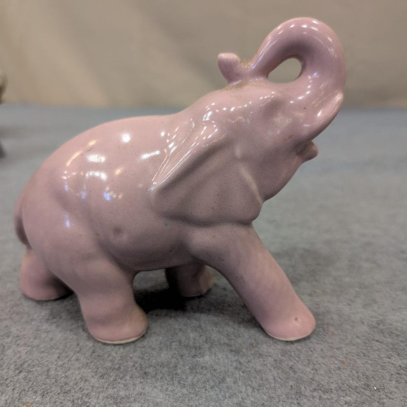 Vintage Pink Ceramic Elephant Figurine Trunk Up Good Luck Glossy Pottery Decor image 1
