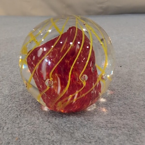 Art Glass Paperweight Red White Mottled Core Yellow Swirl Controlled Bubbles image 2