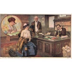 Postal antigua de Bell Telephone anunciando invitados inesperados R-1 Ilustración de AT&T imagen 1