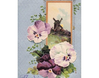 Vintage New Year Greeting Postcard Windmill Pansies International Art Publ Co VG
