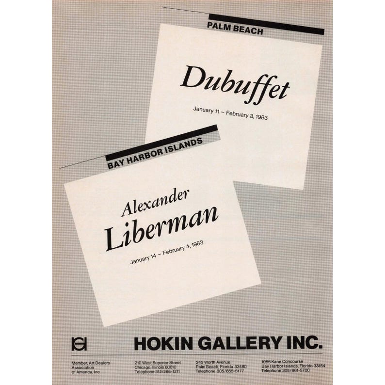 Reklama archiwalna Hokin Gallery z 1983 r. Jean Dubuffet Alexander Liberman Palm Beach zdjęcie 1