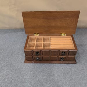 Vintage Wood Jewelry Box Organizer Two Drawer Ring Holder Ornate Pulls 10" Wide image 3