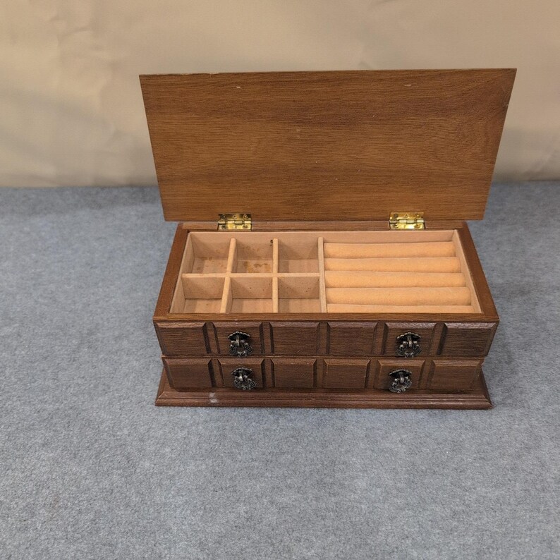 Vintage Wood Jewelry Box Organizer Two Drawer Ring Holder Ornate Pulls 10" Wide image 3