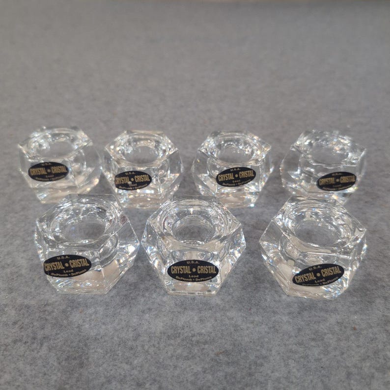 USA Crystal Hexagon Lead Glass Taper Candle Holders Set of 7 Clear Faceted image 1
