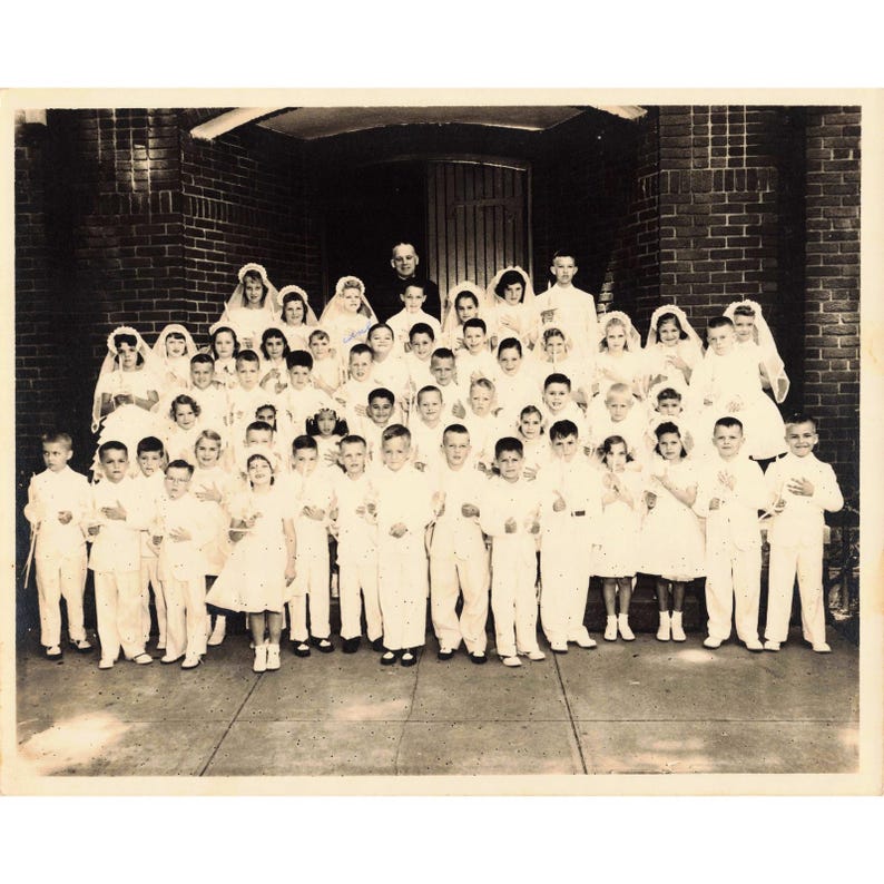 Vintage foto eerste communie uit 1940, Eufaula, Alabama, kindergroepsportret afbeelding 1