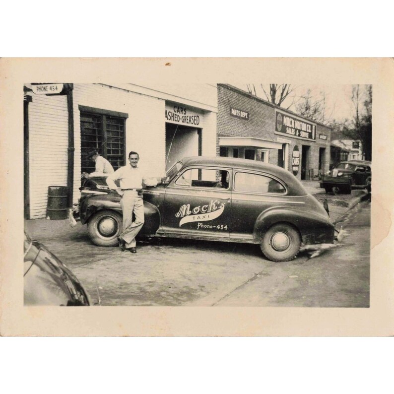 1940s Vintage Mock's Taxi & Motor Co., Eufaula, Alabama City Scene Ford DeLuxe image 1