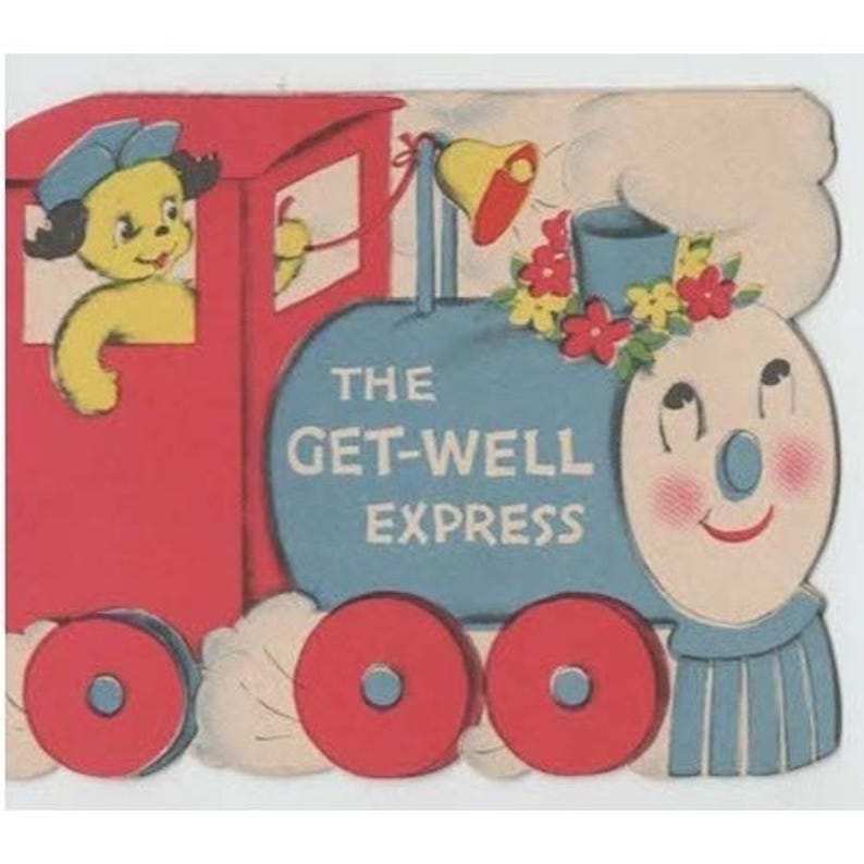 Vtg Mid-Century Get-Well Express Train Die-Cut Greeting Card Puppy Conductor image 1