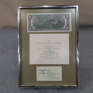 Framed Bank of Oxford (Alabama) Grand Opening Invitation with US Two Dollar Bill image 1