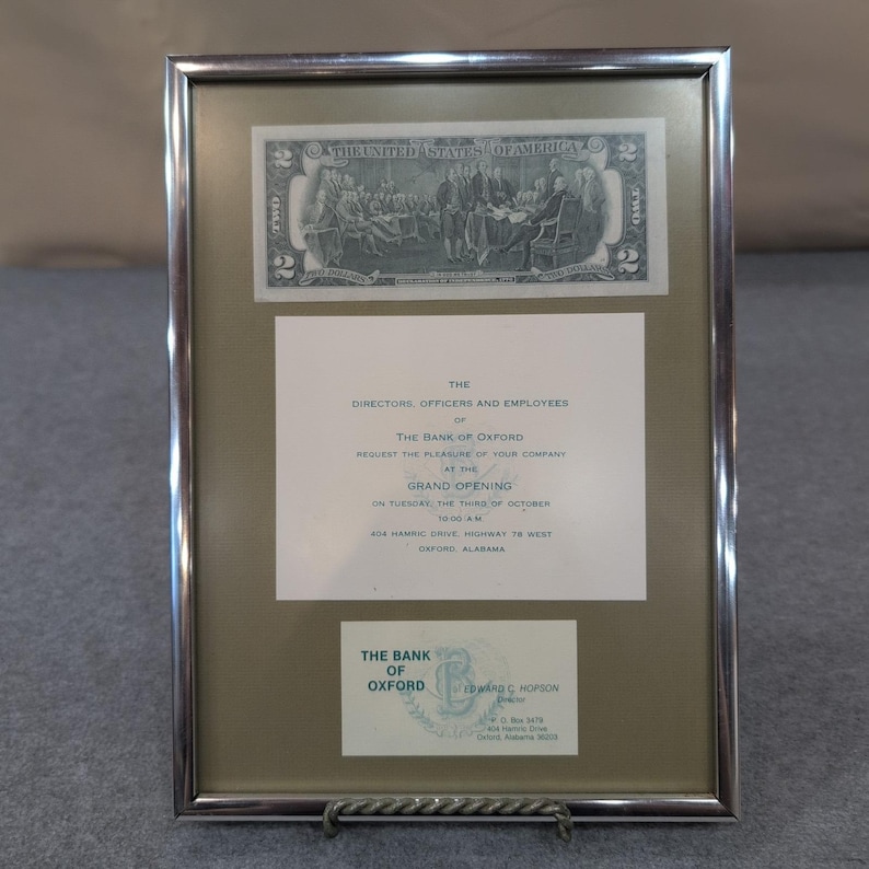Framed Bank of Oxford (Alabama) Grand Opening Invitation with US Two Dollar Bill image 1