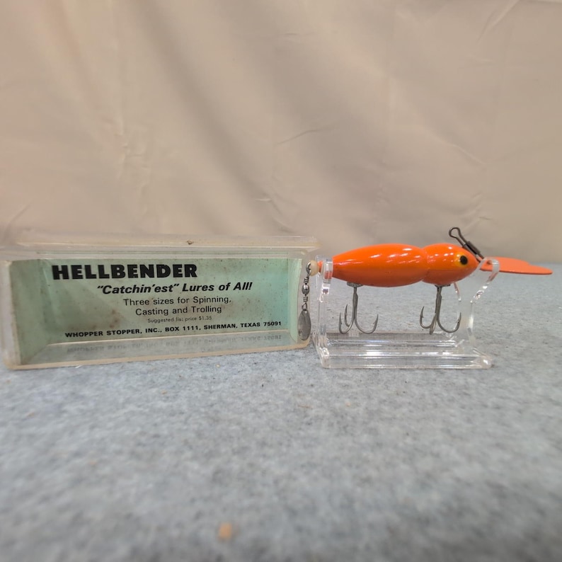 Whopper Stopper Hellbender Esca da pesca vintage arancione 1130 con scatola immagine 2