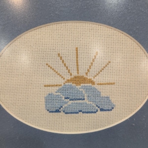 Vintage Cross Stitch Framed Art Sun and Clouds Needlepoint Blue Wood Frame image 2